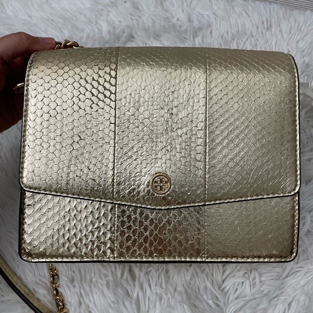 TORY BURCH Gold Leather Python Embossed‎ Shoulder… - image 2